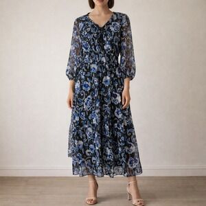 Time to Bloom Size S Midi Dress Blue Floral Smocked Waist Tiered Metallic Lurex